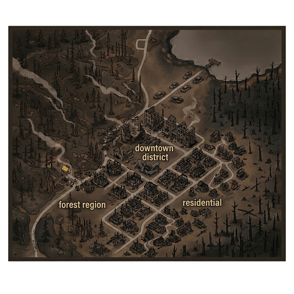 Map of Forest Glen showing the forest, downtown, and residential regions after the fire